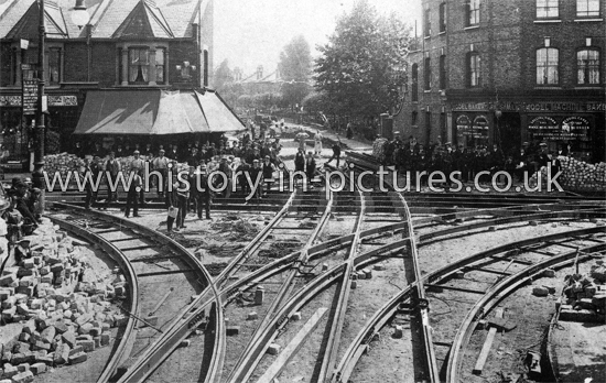Electric Tramways, track laying at Thatched House junction, Leyton, London. c.1906.